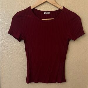Free People Deep Burgundy Ribbed Short Sleeve Top